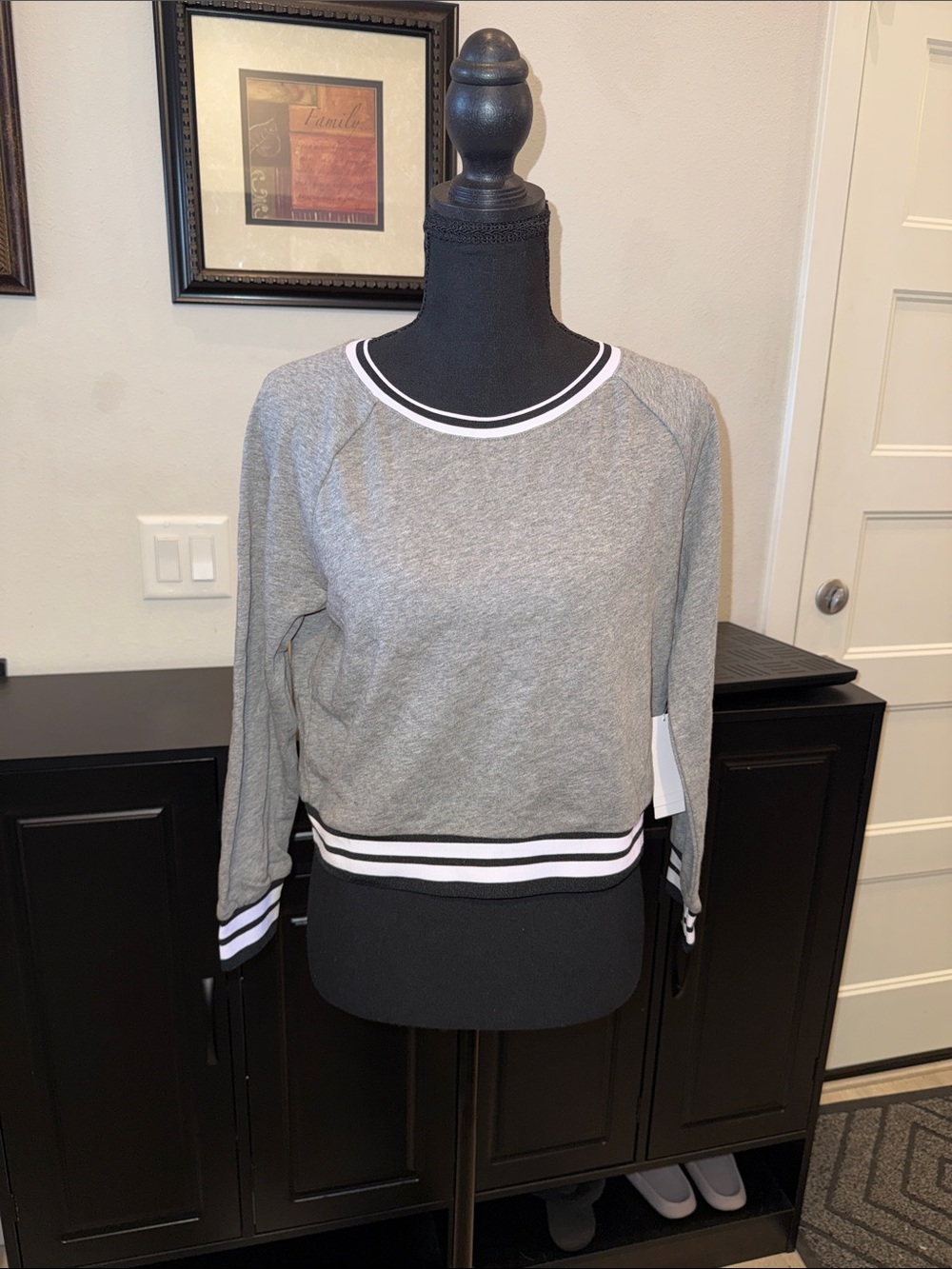 Weekend Varsity Heather Gray Crewneck Sweatshirt with Striped Trim